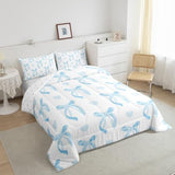 jejeloiu Cute Blue Bow Bedding Set Twin Size Ribbon Bow Comforter Set for Kids Women Cartoon Love Heart Duvet Set Blue White Quilt Set 2Pcs jejeloiu