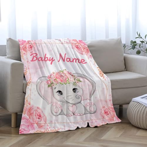 Custom Elephant Baby Blanket for Girls Women Pink Flowers Personalized Blanket with Name Soft Flannel Lightweight Throw Blankets for Bedding Practical Gifts Medium 60×50in for Teen Lokesvararaja
