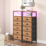 sthmec Nightstand with Charging Station,LED Night Stand with 5 Fabric Drawers, Bedside End Tables, 2-Tier Open Storage Shelf Side Table Nightstands with Drawers for Bedroom,Rustic Brown sthmec