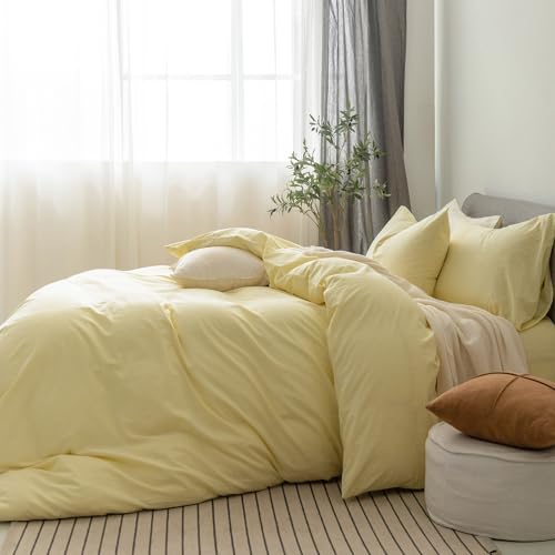 FOSSA Duvet Cover Set 100% Washed Cotton Linen Feel Super Soft Breathable Cozy 3 Pieces Bedding Sets Solid Pastel Yellow Full/Double FOSSA