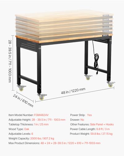 VEVOR Adjustable Workbench, 48-Inch Work Bench with Power Outlet, Wheels, and Pegboard, 2000 lbs Load Heavy Duty Oak Wood Top Work Table for Garage, Workshop, Office, and Home VEVOR