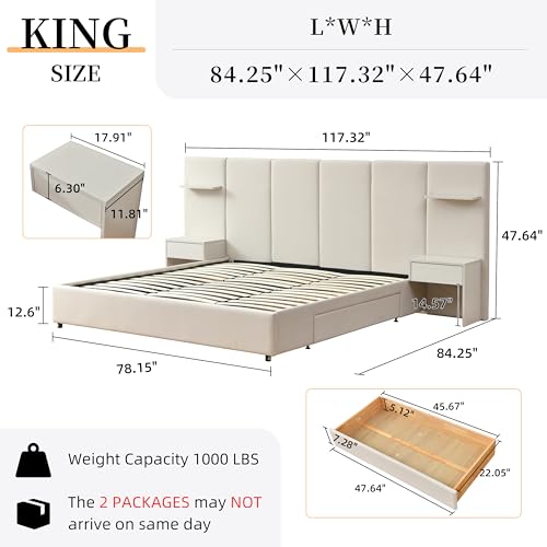 QNZK King Bed Frame with Storage & Built-in Nightstands, Velvet Upholstered Platform Bed Frame with Drawers & 2 Floating Storage Shelves, Noise-Free, No Box Spring Needed, Easy Assembly, Beige QNZK
