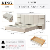 QNZK King Bed Frame with Storage & Built-in Nightstands, Velvet Upholstered Platform Bed Frame with Drawers & 2 Floating Storage Shelves, Noise-Free, No Box Spring Needed, Easy Assembly, Beige QNZK