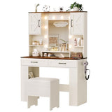 NUNU LAB Modern Makeup Vanity Desk with Mirror and Chair, Vanity Desk Set with Drawers, RGB Glass Cabinet and 3-Colour Hollywood Lights, White Vanity Table with Charging Station for Women Girls NUNU LAB