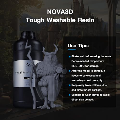 NOVA3D Water Washable ABS-Like Tough Resin, High Toughness 3D Printing Photopolymer Resin, 405nm UV Fast Cure for 12K/14K/LCD/DLP/SLA Printers, Low Odor (Grey, 1kg)