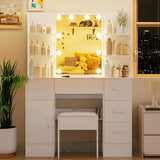 Teousev Vanity Desk with Mirror,Make up Vanity with 1 Stool 6 Drawers 6 Shelves & LED Mirror,3 Modes Light Adjustable,Vanity Desk for Bedroom,White,39.5" L*15.8" W*55.2" H. Teousev