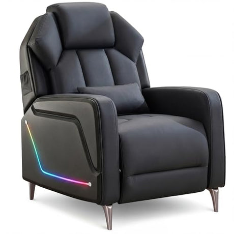 TPHORK Gaming Recliner Chair with Footrest, Push-Back Reclining Gaming Chair with LED Lights, Lumbar Pillow & Side Pockets, Ergonomic Gaming Sofa for Game Room, Home Theater, Man Cave (Black) TPHORK
