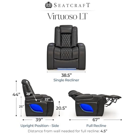 Seatcraft Virtuoso LT Home Theater Seating, Black Zero Gravity Italian Leather Power Recliner Sofa, Gaming and Home Office Chair with Powered Headrest & Lumbar, Heat & Massage, Single Recliner Seatcraft