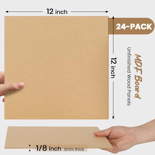 CALPALMY 24-Pack MDF Board 1/8 Inch Thick 12" x 12" Unfinished Wood Panels, 3mm Thick Medium Density Fiberboard Wood Boards for Crafts, Painting, Carpentry, Engraving, Interior Design, and More CALPALMY