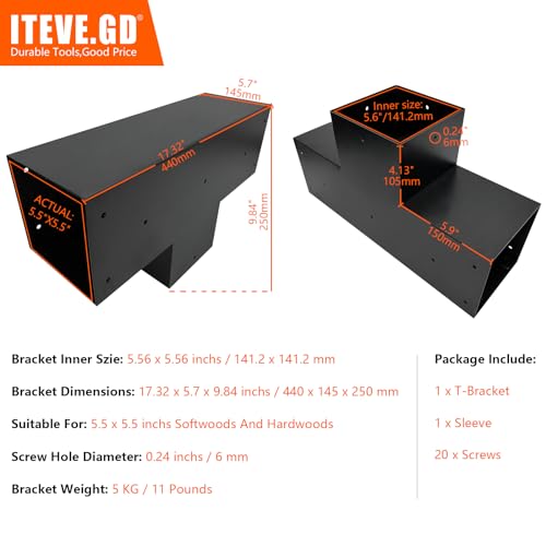 ITeVe.GD 3-Way Pergola Kit,3-Way T-Shape Flat Pergola DIY Brackets for 6 x 6 (Actual:5.5"x5.5") Lumber for Patio Pergola,Log Cabin Gazebo W/Hardware - 1 Pack… ITeVe.GD