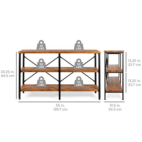 Best Choice Products Large Console Table, 3-Tier 55in Rustic, Industrial Sofa Table Storage for Living Room, Entryway, Foyer, Hallway w/EVA Non-Scratch Feet, Steel Frame - Brown Best Choice Products