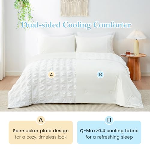 Cozy Bliss Cooling Comforter Seersucker Plaid Twin Size, Q-Max 0.45 Lightweight Cooling Blanket, Breathable Silk Smooth Summer Bedding Quilt for Hot Sleepers Night Sweats White Cozy Bliss