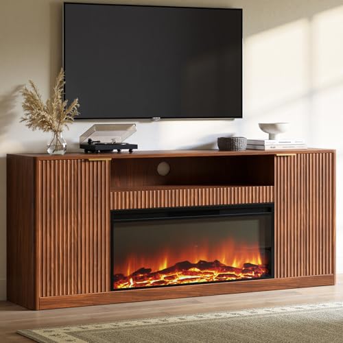 Evermagin 67" Walnut Fluted Fireplace TV Stand for TVs up tp 75", Mid-Century Modern Entertainment Center with Storage Cabinets and Doors, Wood Media TV Consoles for Living Room and Bedroom Furniture Evermagin