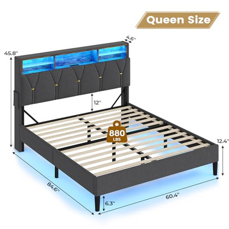 BTHFST LED Queen Bed Frame with USB Ports, Storage Headboard & Sturdy Upholstered Design in Dark Grey BTHFST