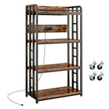 METYERRY Adjustable 4-Tier Heavy Duty Kitchen Baker's Rack with Power Outlet, with Industrial Wheels, Free Standing Microwave Oven Cart Stand for Storage in Living Room, Garage, Rustic Brown