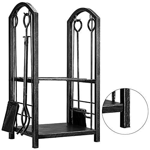 Amagabeli Firewood Rack Indoor 5 Pieces Fireplace Tools Set Fire Wood Holder with Tongs Poker Brush and Shovel Outdoor Log Rack Solid Wrought Iron Fireplace Set Kit Wood Stove Accessories Pewter AMAGABELI GARDEN & HOME