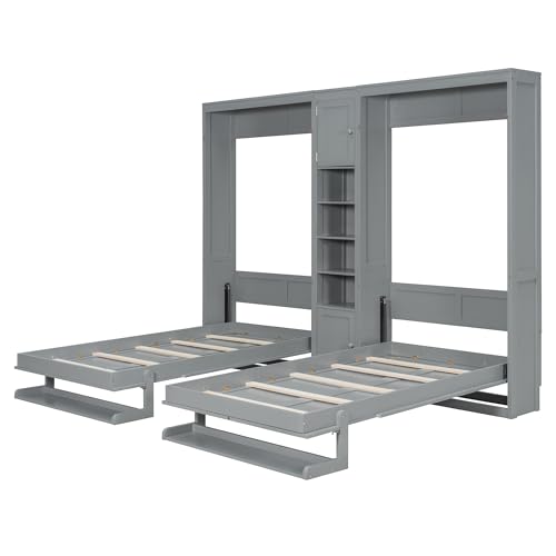 Aiuyesuo Dual Twin Size Wall Murphy Beds with Cabinets and Shelves, Pinewood Murphy Beds Frame with Convertible Shelf-Legs and Central Storage Unit for Guest Room, Bedroom, Home, Office (Gray-JU15) Aiuyesuo