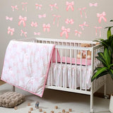 SmoothNovelty 5 Pcs Pink Bow Crib Bedding Set Include Print Crib Sheets Bed Skirt Comforter Pad Cover Wall Stickers for Girls Princess Nursery Room Decoration SmoothNovelty
