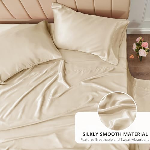 CozyLux Satin Sheets Queen Size Bed Set - 4 Piece Silky Queen Sheet Set, Luxury Champagne Queen Sheets with Smooth and Soft Microfiber, Includes 1 Fitted Sheet, 1 Flat Sheet and 2 Pillowcases CozyLux