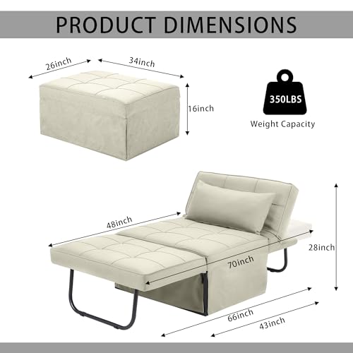 BIGSYY Sofa Bed, Set of 4 in 1 Multi-Function Folding Ottoman Breathable Linen Couch Bed with Adjustable Backrest Modern Convertible Chair for Living Room Apartment Office, White BIGSYY