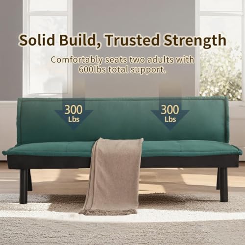 Trygoal Futon Sofa Bed Couch, 64.6" Convertible Sleeper Sofa with 5 Positions Adjustable Backrest, Velvet Couch Bed with Solid Wood Frame for Home Office Living Room Guest Dorm, Green Trygoal