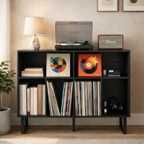 FurnPulse Large Record Player Stand with Storage 1000+ Albums, Mid Century Modern Turntable Stand Cabinet, Record Player Table Media Console TV Stand Bookshelf for Living Room, Black Walnut FurnPulse