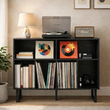 FurnPulse Large Record Player Stand with Storage 1000+ Albums, Mid Century Modern Turntable Stand Cabinet, Record Player Table Media Console TV Stand Bookshelf for Living Room, Black Walnut FurnPulse
