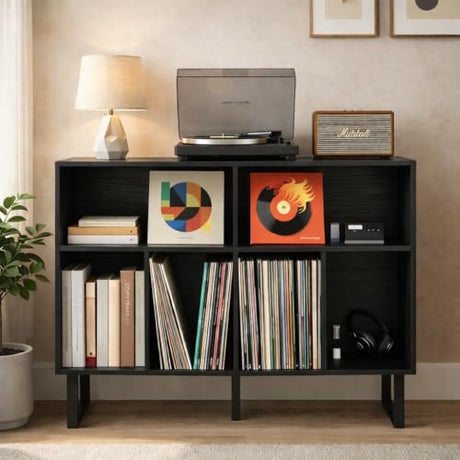 FurnPulse Large Record Player Stand with Storage 1000+ Albums, Mid Century Modern Turntable Stand Cabinet, Record Player Table Media Console TV Stand Bookshelf for Living Room, Black Walnut FurnPulse
