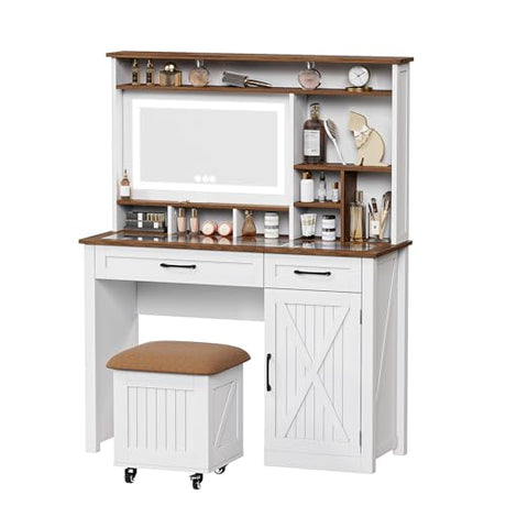Farmhouse Makeup Vanity Desk with Mirror and Lights, 43" Glass Tabletop Vanity Table with 360° Rolling Stool with Storage, Big Vanity Set for Bedroom, 3 Lighting Modes, 2 Drawers, 1 Cabinet, White ALLSTAND
