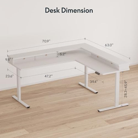 SANODESK 71" L Shaped Standing Desk with 4 Drawers, Height Adjustable Stand up Desk, Corner Gaming Desk with Monitor Stand, White Frame/White Top SANODESK