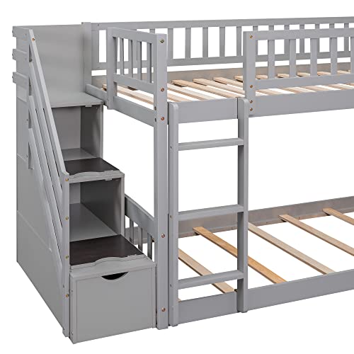 RuiSiSi Twin Bunk Bed with Slide and Stairs, Wood Low Bunk Bed Frame with Storage Stairs & Safety Guard Rails, Space-Saving Floor Bunk Beds for Kids Boys Girls, Grey RuiSiSi