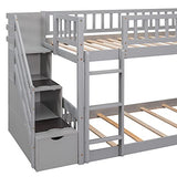 Ball & Cast Twin Over Twin Size Bunk Bed with Two Drawers and Slide,Wood Bunkbed w/Full-Length Guardrails & Storage Convertible Ladder,Space Saving,Slat Support,Bedframe for Child's BedroomGray Ball & Cast
