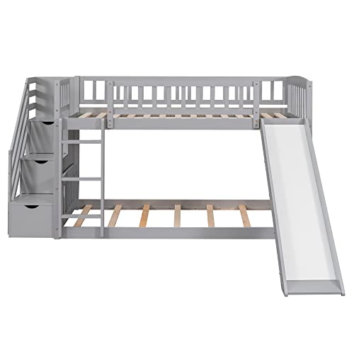 RuiSiSi Twin Bunk Bed with Slide and Stairs, Wood Low Bunk Bed Frame with Storage Stairs & Safety Guard Rails, Space-Saving Floor Bunk Beds for Kids Boys Girls, Grey RuiSiSi