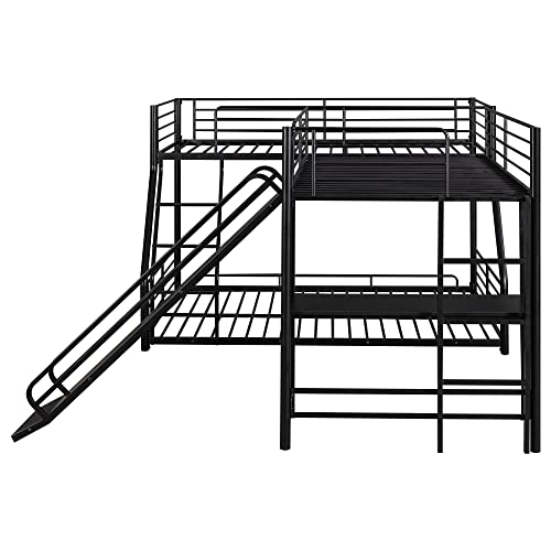 Bellemave Twin Over Full Bunk Bed Frame with Twin Size Loft Beds, Heavy Duty Triple Bunk Bed with Slide, Build in Ladder and Guardrail, L-Shaped Bunk Beds with Desk, Black Bellemave