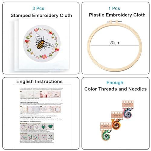 Konrisa Embroidery Kits for Adults Beginner, European Style Bees Collect Honey Stamped Embroidery Starter Kit,DIY Sewing Practice, Needlepoint Cross Stitch Kit,Set of 3