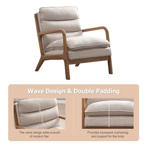 INZOY Mid Century Modern Accent Chair with Wood Frame, Upholstered Reading Armchair with Waist Cushion, Double Padded Accent Chair, Side Chair for Living Room Bedroom Office, Easy Assembly, Beige INZOY
