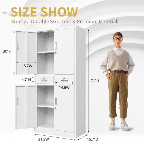 YEEZER Metal Storage cabinets, with 2 Adjustable Shelves, Lockable 71 "H Steel Garage Cabinet with 2 Drawers, Suitable for Offices, garages, Warehouses, Schools, and Homes (White) YEEZER