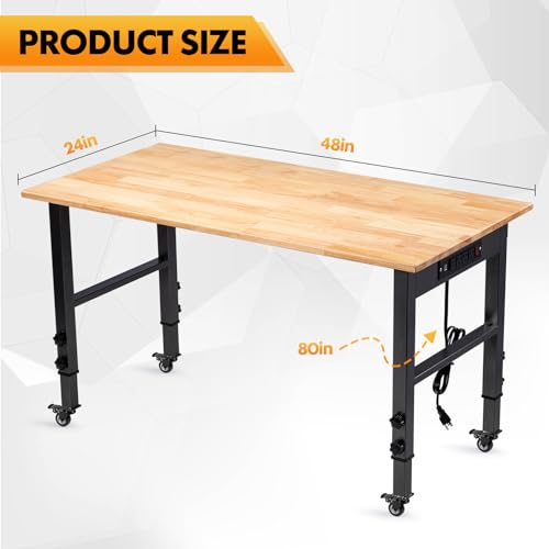 GVGBUK 48" Height Adjustable Workbench, 2000 LBS Load Capacity Rubber Wood Top Workstation, Heavy-Duty Hardwood Worktable for Garage Workshop (with Wheels and Socket,48'') GVGBUK