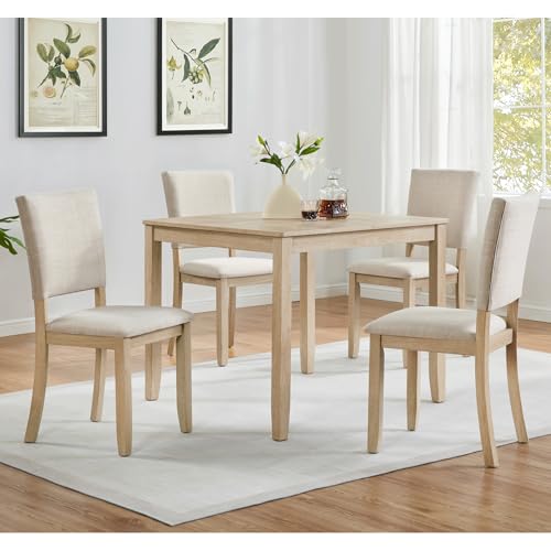 RuiSiSi Modern 5-Piece Square Dining Table Set with 4 Chair, Square Kitchen Table and 4 Curved Backrest Chair for 4, Light Oak Beige RuiSiSi
