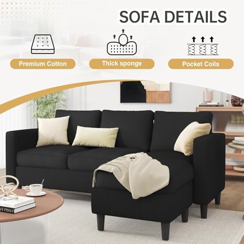 JAMFLY Couches for Living Room, 3-Seat Reversible Sectional Sofa with Convertible Ottoman, Modern Ribbed Fabric L-Shaped Couch for Small Apartment, Studio & Office, Easy Assembly, Black JAMFLY