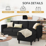 JAMFLY Couches for Living Room, 3-Seat Reversible Sectional Sofa with Convertible Ottoman, Modern Ribbed Fabric L-Shaped Couch for Small Apartment, Studio & Office, Easy Assembly, Black JAMFLY