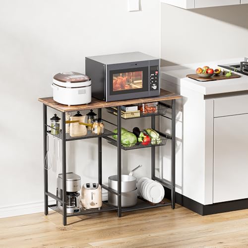 LAKEMID Kitchen Bakers Rack,Microwave Stand with Storge 3-Tier,Coffee Bar Station,6 S-Shaped Hook,Kitchen Storage Shelf,33.7D x 14.9W x 29.9H Inches,Rustic Brown