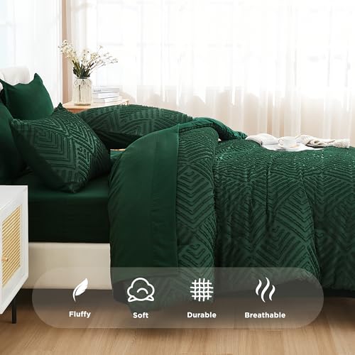 Andency King Size Comforter Set 7 Pieces Dark Emerald Green - Bed in a Bag King Boho Lightweight Fluffy Tufted Bedding Sets with Quilt Comforter, Sheets, Pillowcases & Shams Andency