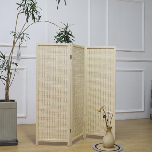 Furnnylane 3 Panel Short Room Divider Screen,Beige Freestanding Partition,Small Bamboo Panel Divider for Room Seperation,3.95 FT Tall Furnnylane
