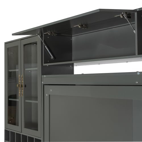 CITYLIGHT Queen Size Murphy Bed with Wine Rack, Storage Cabinet and Shelves, Wooden Wall Bed Frame with Sofa, USB Ports and LED Lights (Gray) CITYLIGHT