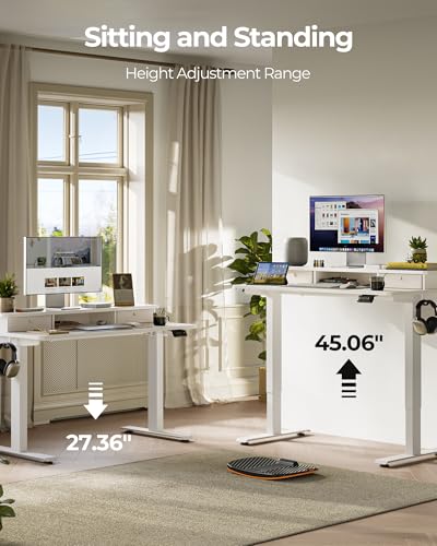 FEZIBO 55 x 24 Inch Height Adjustable Electric Standing Desk with Double Drawer, Stand up Home Office Computer Desk with 4 Height-Adjustable Feets & 2 Hooks, White FEZIBO
