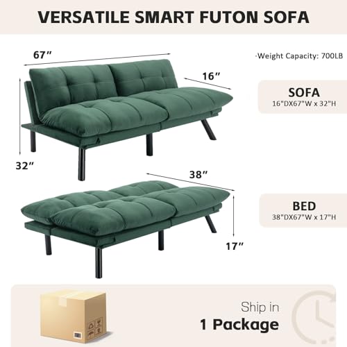 SoarFlash 67 Inch Futon Double Sofa Bed, 2 in 1 Velvet Loveseat Sofa with Adjustable Backrest Memory Foam for Living Room Bedroom Office Apartment Compact Couch(Green) SoarFlash
