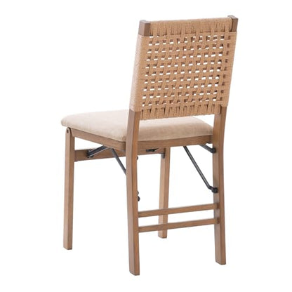 Linon Bennett Natural Folding Chair with Woven Rope Back and Linen Upholstered Seat Set of 2 - WoodArtSupply