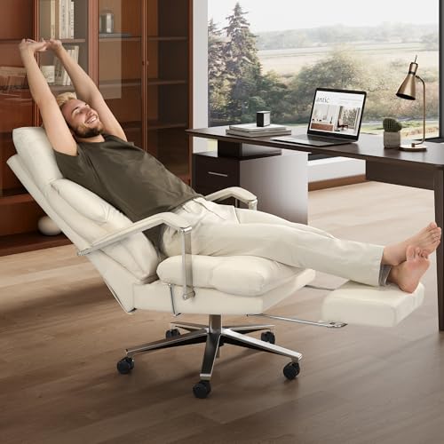 OKUP M76 160° Reclining Office Chair with Footrest, 10" Thick Cloud Cushion Executive Desk Chair, Extra Wide Cross-Legged Ergonomic Chair for Big and Tall, Adjustable Seat Depth, Easy Assembly, Cream OKUP