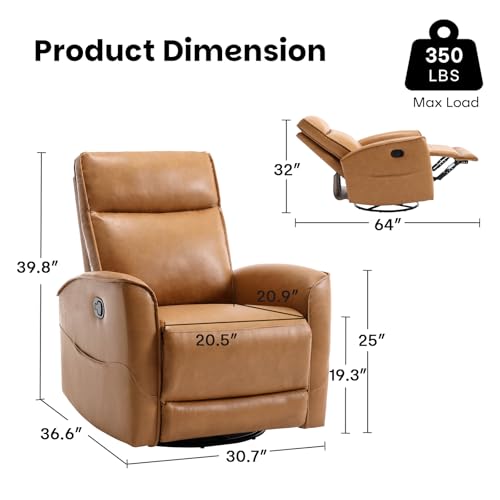 CANMOV Leather Recliner Chair, Swivel Rocker Recliner Chair, 360°Swivel Nursery Glider Recliner, Manual Recliner for Small Spaces,Living Room,Bedroom,Brown